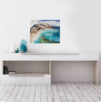 an oil painting of Wilson's Promontory , with aqua blue water and gold leaf high lights