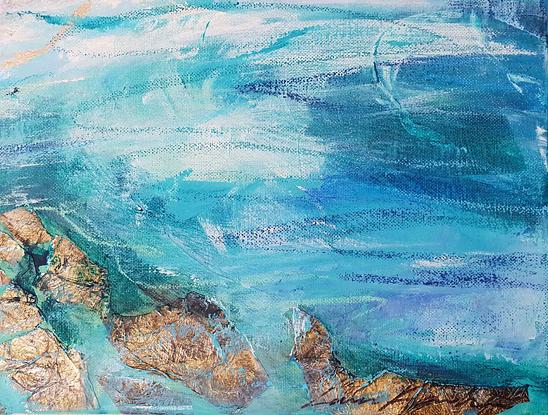 an oil painting of Wilson's Promontory , with aqua blue water and gold leaf high lights