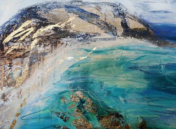 an oil painting of Wilson's Promontory , with aqua blue water and gold leaf high lights