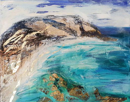 an oil painting of Wilson's Promontory , with aqua blue water and gold leaf high lights