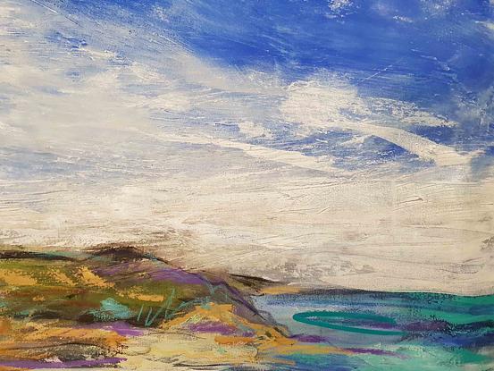 An abstract landscape of the seaside town of Lorne in Victoria in oils and gold leaf