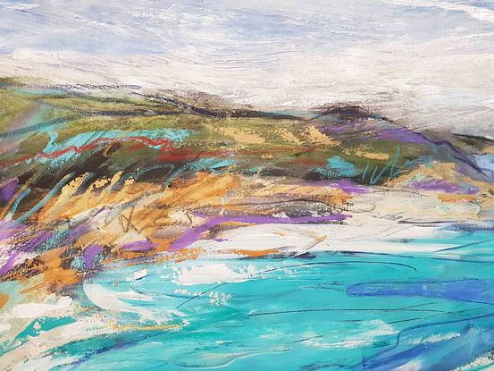 An abstract landscape of the seaside town of Lorne in Victoria in oils and gold leaf