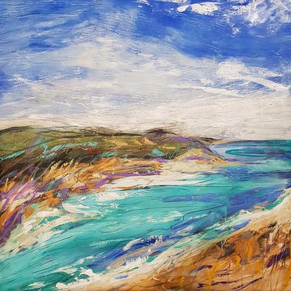 An abstract landscape of the seaside town of Lorne in Victoria in oils and gold leaf