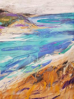 An abstract landscape of the seaside town of Lorne in Victoria in oils and gold leaf