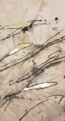 An abstract landscape of banksia and grass with gold leaf in brown, beige and black