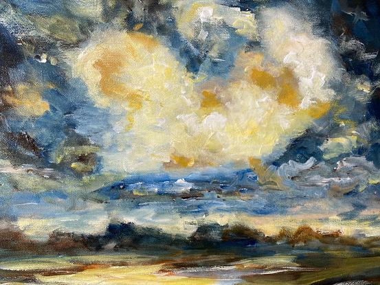 Rich dramatic clouds over a coastal inlet. The sky and beach is bathed in the glow of the evening light as the approaching storm quickly moved in.  This is a Turner style moody landscape with maximum drama for impact .One of three pieces of framed triptych.  Please see Safe harbour and Advancing storm.