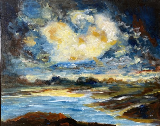 Rich dramatic clouds over a coastal inlet. The sky and beach is bathed in the glow of the evening light as the approaching storm quickly moved in.  This is a Turner style moody landscape with maximum drama for impact .One of three pieces of framed triptych.  Please see Safe harbour and Advancing storm.