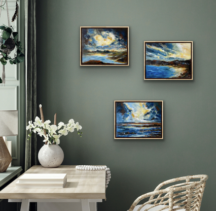 Rich dramatic clouds over a coastal inlet. The sky and beach is bathed in the glow of the evening light as the approaching storm quickly moved in.  This is a Turner style moody landscape with maximum drama for impact .One of three pieces of framed triptych.  Please see Safe harbour and Advancing storm.