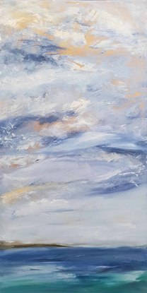 A large oil painting showing the sea and clouds off  Altona beach in Melbourne.