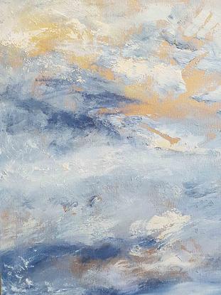 A large oil painting showing the sea and clouds off  Altona beach in Melbourne.