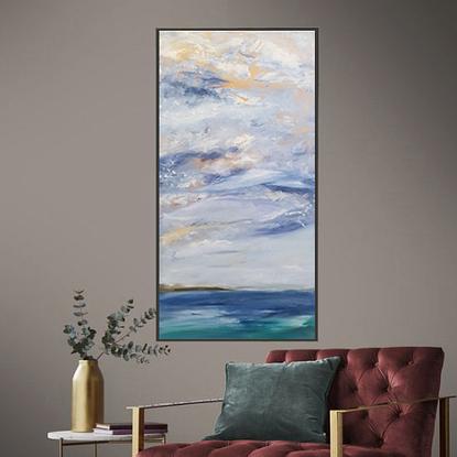 A large oil painting showing the sea and clouds off  Altona beach in Melbourne.