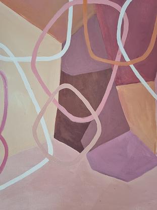 Layered organic shapes, solid shapes at the back with unfilled shapes on topic, in shades of pink, blush, rose, orange and apricot over a light pink background.