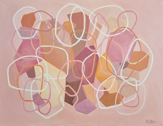 Layered organic shapes, solid shapes at the back with unfilled shapes on topic, in shades of pink, blush, rose, orange and apricot over a light pink background.