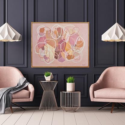 Layered organic shapes, solid shapes at the back with unfilled shapes on topic, in shades of pink, blush, rose, orange and apricot over a light pink background.