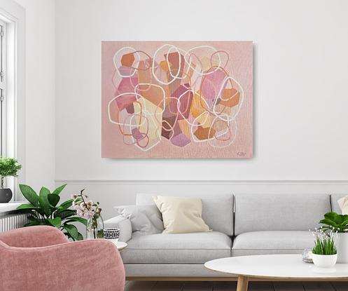 Layered organic shapes, solid shapes at the back with unfilled shapes on topic, in shades of pink, blush, rose, orange and apricot over a light pink background.