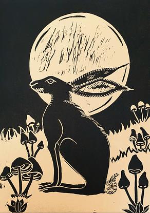 Hare standing in front of moon with mushrooms