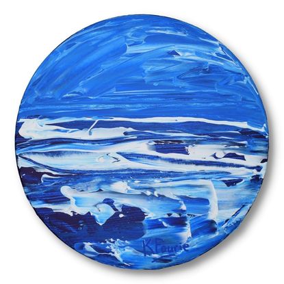 Blue white abstract oceanscape round canvas