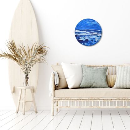 Blue white abstract oceanscape round canvas