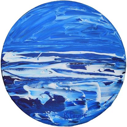 Blue white abstract oceanscape round canvas