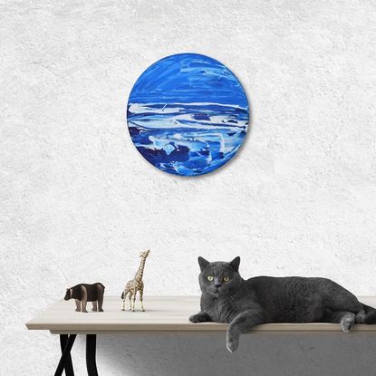 Blue white abstract oceanscape round canvas