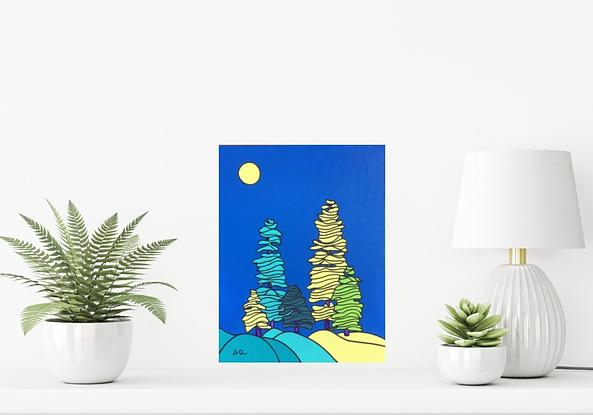 Pine trees and hills in a surreal lunar landscape