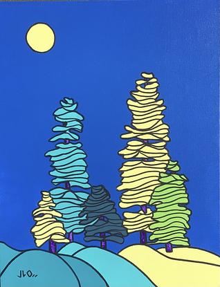 Pine trees and hills in a surreal lunar landscape