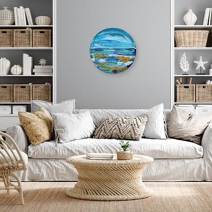 blue white abstract seascape round canvas