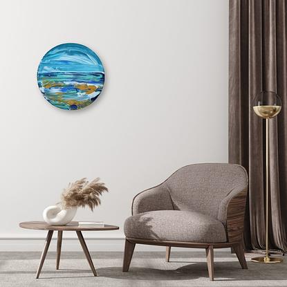 blue white abstract seascape round canvas