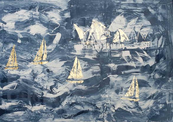 A large dark blue and white abstract depicting racing sailboats in a Regatta