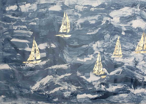 A large dark blue and white abstract depicting racing sailboats in a Regatta