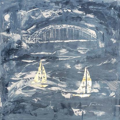 A large dark blue and white abstract depicting racing sailboats in a Regatta