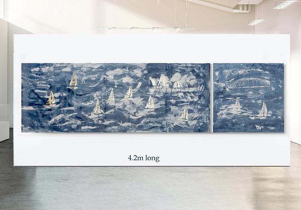 A large dark blue and white abstract depicting racing sailboats in a Regatta