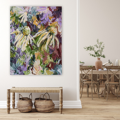 large abstract wild flower painting in a modern colourful style