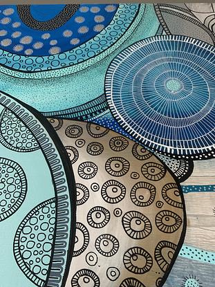 Turquoise, deep blues and sandy golds swirls , circles abstract with dreamy dots and lines over the abstract canvas 
