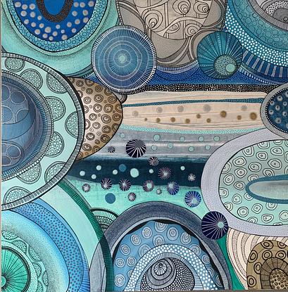 Turquoise, deep blues and sandy golds swirls , circles abstract with dreamy dots and lines over the abstract canvas 
