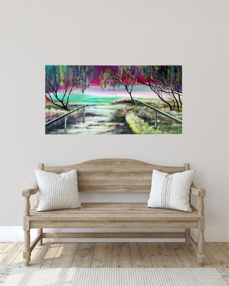 The warm, colourful hues of the sunset at Main Beach serve as the inspiration for this piece. Capturing the vibrant dusk, the interplay of tree branches, jangling leaves, and the gentle farewell of the ocean, this painting is a tribute to the breathtaking beauty observed during a leisurely walk along the shore. 

Textured and signed , this work measures 120 cm x 60 cm on stretched canvas, inviting  to immerse  in the serene and picturesque landscape.