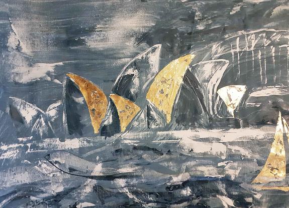 A large dark blue and white abstract depicting racing sailboats , the Sydney Opera House and the Harbour Bridge.