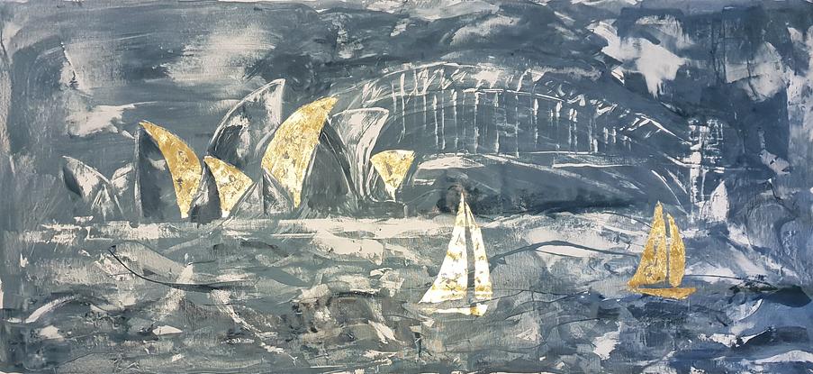 A large dark blue and white abstract depicting racing sailboats , the Sydney Opera House and the Harbour Bridge.