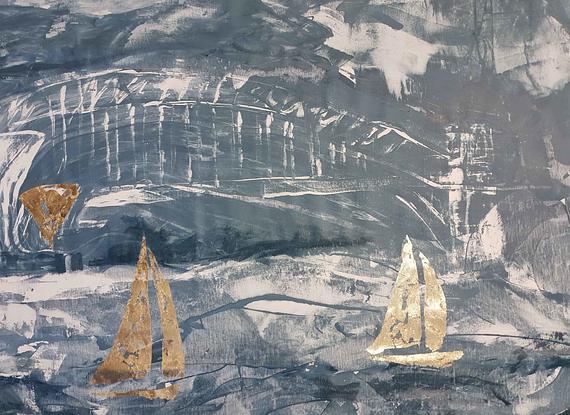 A large dark blue and white abstract depicting racing sailboats , the Sydney Opera House and the Harbour Bridge.