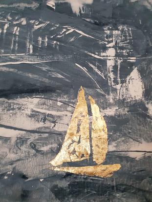 A large dark blue and white abstract depicting racing sailboats , the Sydney Opera House and the Harbour Bridge.