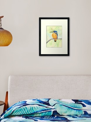 A vibrant orange and blue coloured azure kingfisher is perched on a branch The background is a calming blend of light greens and cream.