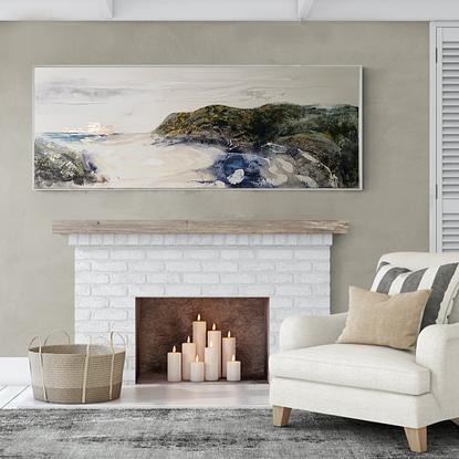 A mixed media painting showing a highly textured sand dune in shades of green and gold with a golden sun and a soft coloured sky at Wilson's Prom in Victoria.