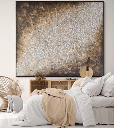 An array of thick dot like brushstrokes in a layering technique to create depth and light and dark. There is gold spray paint connecting the earth colours of yellow ochre, raw umber, natural grey, gold, white and paynes grey. 