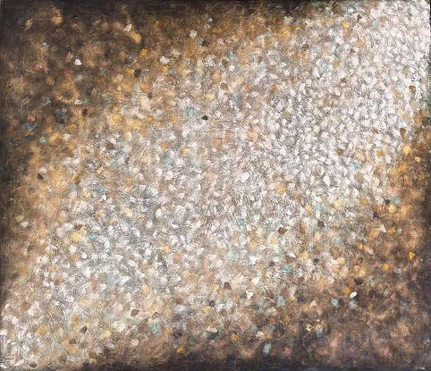 An array of thick dot like brushstrokes in a layering technique to create depth and light and dark. There is gold spray paint connecting the earth colours of yellow ochre, raw umber, natural grey, gold, white and paynes grey. 