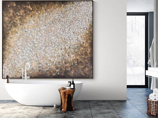 An array of thick dot like brushstrokes in a layering technique to create depth and light and dark. There is gold spray paint connecting the earth colours of yellow ochre, raw umber, natural grey, gold, white and paynes grey. 