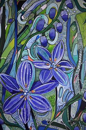 A very colourful decorative painting inspired by Australian Flora.  Bright green and blue colours dominate in this painting with some contrasting pink/orange.  Alot of fine detail is included in this painting with intricate patterns all over the painting.  The sides of the painting are painted.