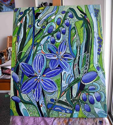 A very colourful decorative painting inspired by Australian Flora.  Bright green and blue colours dominate in this painting with some contrasting pink/orange.  Alot of fine detail is included in this painting with intricate patterns all over the painting.  The sides of the painting are painted.