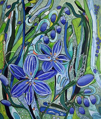 A very colourful decorative painting inspired by Australian Flora.  Bright green and blue colours dominate in this painting with some contrasting pink/orange.  Alot of fine detail is included in this painting with intricate patterns all over the painting.  The sides of the painting are painted.