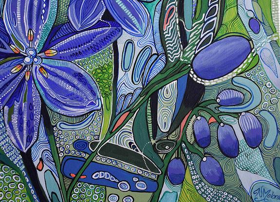 A very colourful decorative painting inspired by Australian Flora.  Bright green and blue colours dominate in this painting with some contrasting pink/orange.  Alot of fine detail is included in this painting with intricate patterns all over the painting.  The sides of the painting are painted.