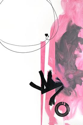 Large painting, a crisp abstract of white, pink, with black tones.